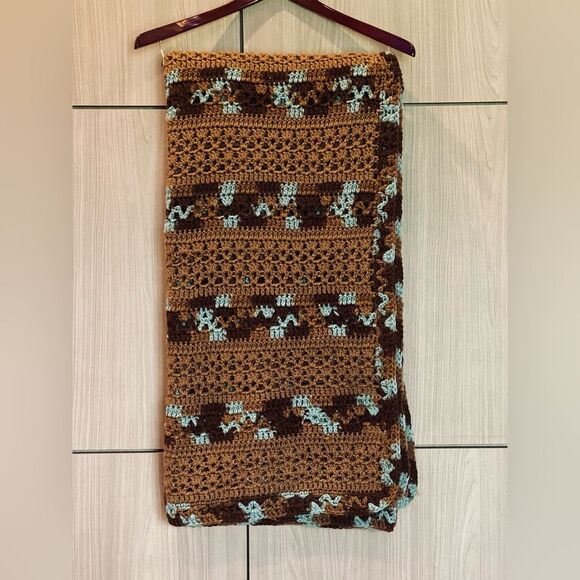 Handmade Afghan Throw Blanket Hand Crocheted Brown Turquoise NEW - Picture 1 of 5